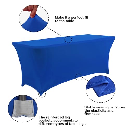 Image of IVAPUPU 2 Pack 4FT Table Cloth for Rectangular Fitted Events Stretch Royal Blue Table Covers Washable Cover Spandex Tablecloth Protector for Party, Wedding, Cocktail, Banquet, Festival