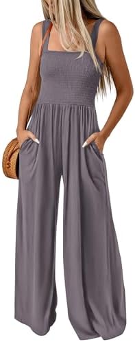 KIRUNDO Womens Jumpsuit 2025 Summer Casual Loose One Piece Overalls Smocked Sleeveless Wide Leg Rompers With Pockets