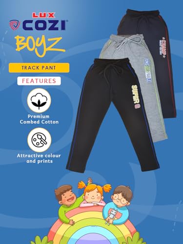 Image of Lux Cozi Boy's Premium Combed Cotton Graphic Printed Track Pants with Contrast Piping Design and Side Pockets | Print May Vary | Pack of 2 |