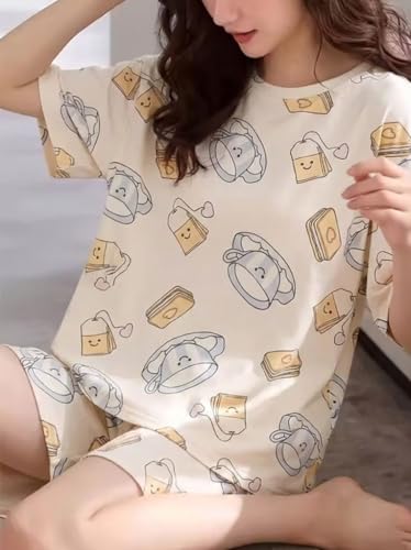 Image of Korean Night Dress |Shorts Set |Round Neck Half Sleeve Nightsuit |Premium Cotton Blend Stylish Digital Printed Pajama Co-ords |Matching 2 Piece Sleepwear Nightwear Cute Pjs |Casual Lounge Sets