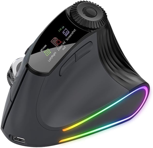 Vertical Ergonomic Wireless Mouse - Silent Click, Triple Mode (2.4G+BT5.0×2), Adjustable DPI up to 4800, 7-Color Auto Cycling Light for Computer, Laptop, Notebook, PC - Screen Display (Black)-image-18