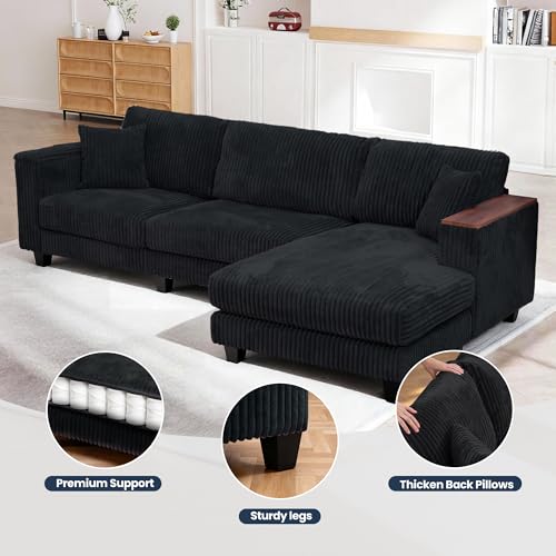 Image of 114 inch Cloud Sectional Couch with L-Shape Reversible Chaise, Modern Corduroy L Shaped Couch with 2 Pillows & Storage Armrests, 4 Seater Sectional Couches for Living Room, Plush Corduroy, Black
