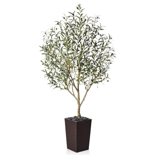 VeriNatural Olivier Artificiel 180cm-Grande Plante Artificielle Décorative avec Pot Marron Tressé,Résistante UV, Galets Inclus-Fausse Plante pour Décoration Intérieur/Extérieur, Salon, Jardin,VN132