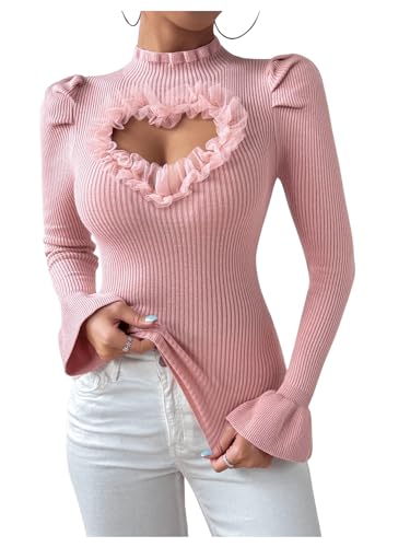 Image of SOLY HUX Women's Long Sleeve Shirts Mesh Heart Cutout Tops Mock Neck Knitted Sweater Pullovers Plain Pink Large