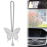 Pleoos Butterfly Car Hanging Ornament, Crystal Butterfly Car Rear View Mirror Charms Good Luck Amulet Ornament Car Decoration Valentine's Day Gifts Lucky Hanging Interior Ornament Pendant (White)