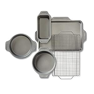 All-Clad Pro-Release Nonstick Bakeware Set Including Round Cake, Loaf Pan, Cooling & Baking Rack, 5 piece, Gray