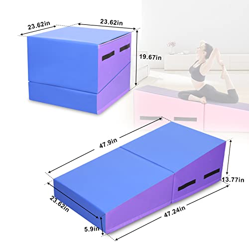 Incline Gymnastics Mat - 48"X24"X14" Tumbling Mats, Folding Fitness Tumbling Mat For Kids Girls Home Training Exercise, Gymnastics Gym Tumbling (Blue-Purple) #TOP4