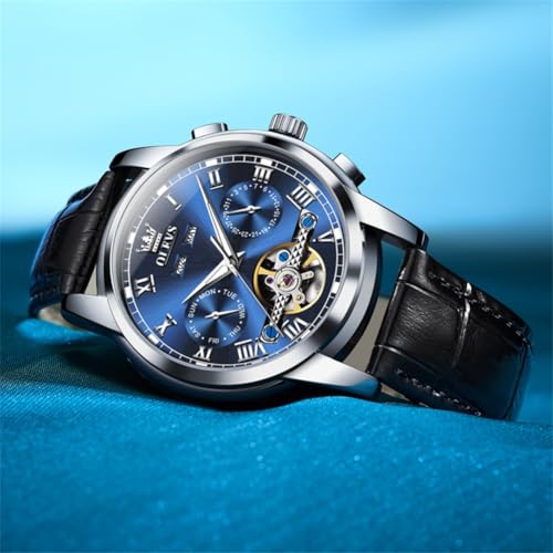 Image of OLEVS Mechanical Dress Mens Watches Square Brown Leather Strap Moon Phase Skeleton Tourbillion Day Date Waterproof Luminous Men's Wrist Watches