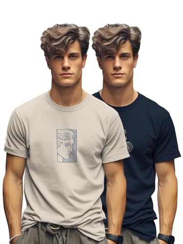 Image of BULLMER Trendy Printed Cotton Blend Crew Neck /Round Neck Half Sleeve Tshirt for Men- Pack of 2