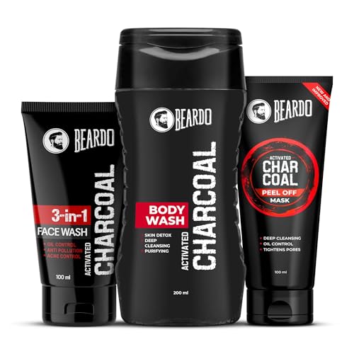 Beardo Charcoal Detox Kit | Facewash | Bodywash | Activated Charcoal Face Peel Off Mask | Detox Kit for Men | Beardo Grooming Kit for Men -Set of 3