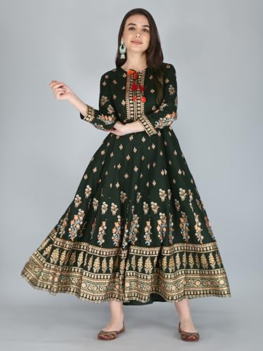 Image of Aj Art Anarkali Kurti for Women and Girls Floral Golden Print Regular Slim Fit Rayon Blue (Set of 1)