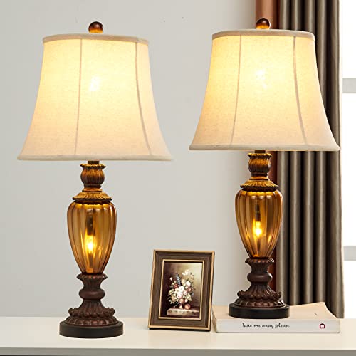 Roriano Set Of 2 Farmhouse Table Lamps For Living Room, 26.5" Tall Rustic Vintage Nightstand Lamp With Amber Glass Nightlight, Traditional Resin Desk Lamp For Bedroom End Table Entryway (Bronze) #TOP6