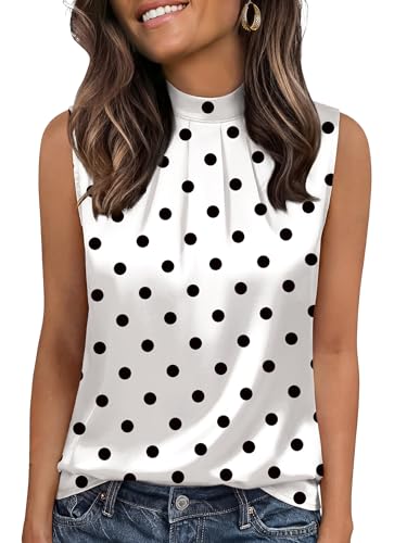 Funlingo Satin Silk Blouses for Women Dressy Casual Polka Dot Tops Camisoles Spring Business Work Shirts Cute Party Outfit White S