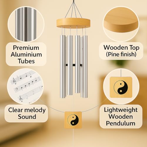 Image of 6 Pipe Wind Chimes for Home & Balcony - 28 Inch Aluminum Chime with Pleasant Soothing Tones | Positive Energy & Good Luck Outdoor Garden Decor | Housewarming Gift for Home & Patio (Silver)