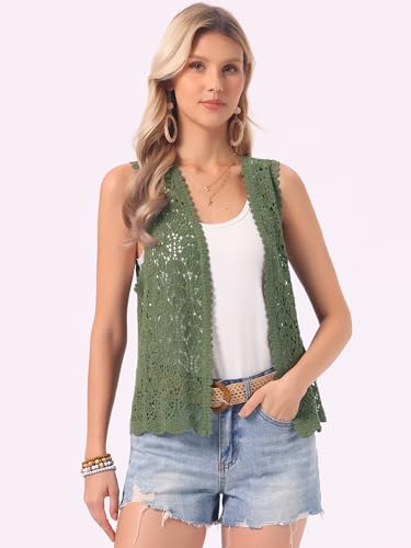 Image of Allegra K Women's Floral Crochet Hollow Out Sleeveless Open Front Boho Vest Cardigan