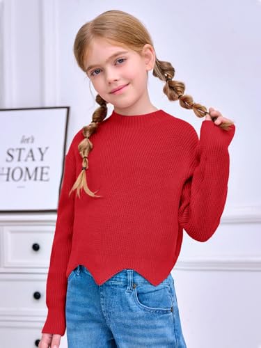 Image of Haloumoning Girls Mock Neck Sweaters Kids Fall Fashion Long Batwing Sleeve Rib Knit Pullover Clothes 5-14 Years
