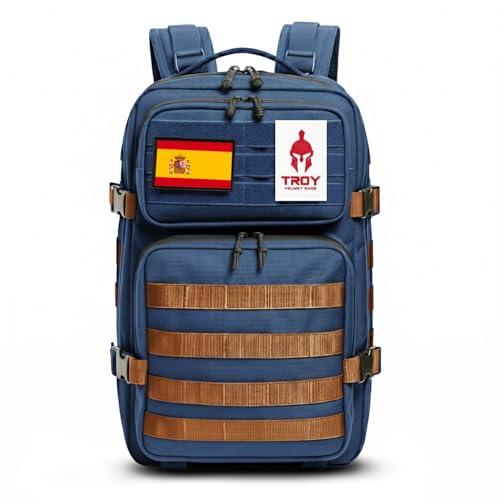 TROY HELMET BAGS Mochila Táctica Militar con Porta Casco para Moto, Patinete Eléctrico, Seguridad, Patines, Boxeo, Escalada, Bicicleta, Esquí, Snowboard, Equitación. Bolsa CrossFit Gimnasio (Vaquero) ⭐