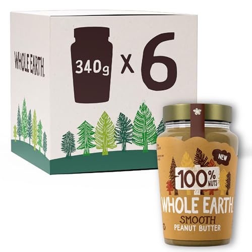 Whole Earth • 100% Original Smooth Peanut Butter • Nothing but Peanuts • Nut Spread Made with 100% Natural Ingredients • No Added Sugar • High Protein • Gluten Free • Vegan Friendly • 340g x 6 Jars