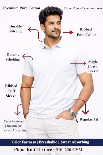 Image of Premium Pique Cotton Pocket Polo T-Shirt for Men | 210-220 GSM | Regular Fit | 2-Button Placket | Soft Breathable Fabric | XS-3XL