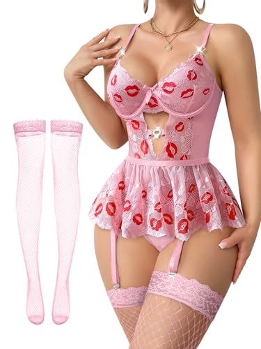 Image of Lilosy Sexy Lingerie Set 3 Piece Women Corset Bodysuit Skirt | Rhinestone Heart Stocking Garter Plus Size Underwire Mesh Sheer Lace Push Up Babydoll Halloween Christmas Valentine's Bridal