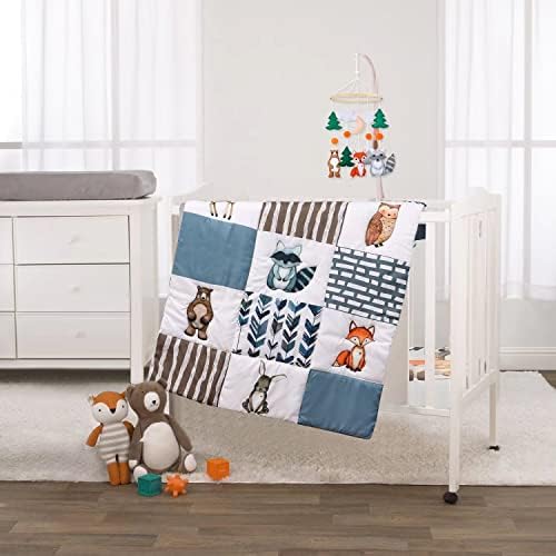 PINNKKU Woodland Animal Mini Crib Bedding Set for Boys - Microfiber 3 Piece Mini/Portable Crib Bedding Set, Includes Comforter, Crib Sheet and Crib Skirt