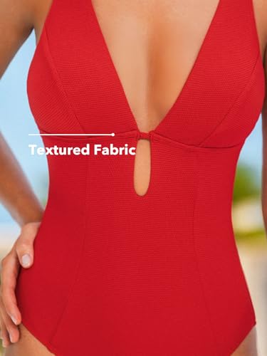 Image of CUPSHE Women's One Piece Swimsuit Deep V Neck Keyhole Cutout O Ring Textured Bathing Suit