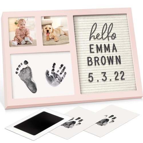 Image of Baby Hand & Footprint Kit with Felt Letterboard, Inkless Ink Pad - Personalized New Mom Gifts for Baby Announcement, Cute Nursery Newborn Picture Frame, Ideal Dog Nose & Paw Print Kit (Petal Pink)