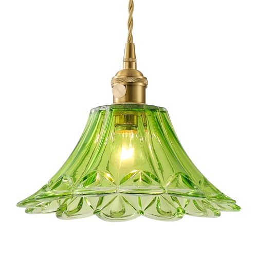 Suspension vintage en verre fleur verte 23cm avec câble doré réglable
