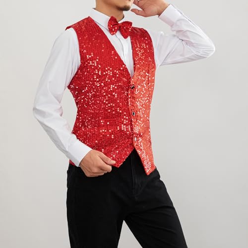 Mens Sequin Vests Dress Suit Vest Casual Shiny Waistcoat Bowtie Set with Pockets for Party Tuxedo Prom Wedding3