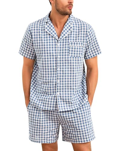 Irdcomps Men's Pyjamas Set Short Sleeve Checked Pjs Cotton Plaid Loungewear Button Top and Bottoms 2 Piece Nightwear Sleepwear Classic with Pockets Navy,L