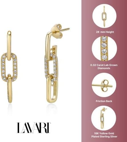 Lavari Jewelers Lab Grown Diamond Link Dangle Drop Earrings for Women - 18k Yellow Gold Plated 925 Sterling Silver Modern Chain Earrings for Her (G-H, VS2-SI1, 0.32 cttw) Push Back - Image 6