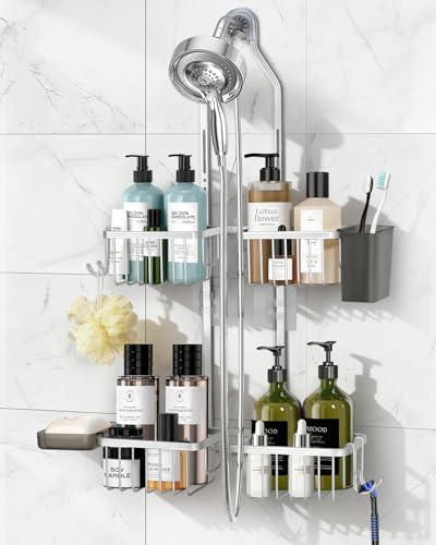 MSAICOE Adjustable Shower Caddy Hanging for Handheld Showerheads - Never Rust Shower Hanging Organizer Upgraded Bathroom Shower Rack with Soap Basket Hooks and Toothbrush Holder (Silver)