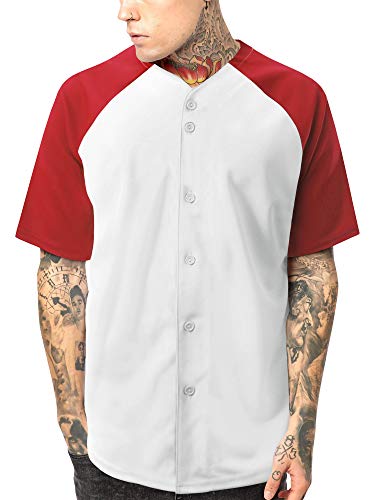 Ma Croix Premium Baseball Jersey Shirts Button Down Raglan Short Sleeve Plain Uniform (Small, 1up02_White/Red)