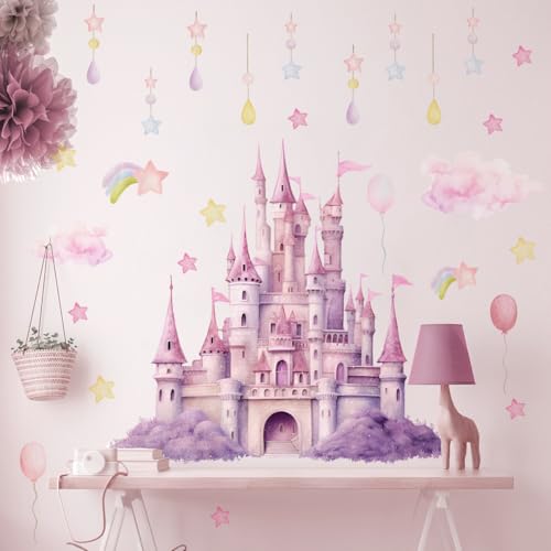 Runtoo Autocollants muraux château de princesse magique pour chambre de fille – Décollez et collez – Autocollants muraux en forme de nuage et d'étoiles...