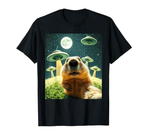 Groundhog Selfie With Alien UFO Tee Funny Selfie Groundhog Camiseta