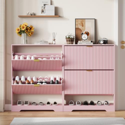 Image of HUANLEGO Shoe Cabinet Storage for Entryway with 2 Flip Drawer, Pink | Fluted Shoe Cabinet with Open Storage, Hidden Shoe Rack for Entryway,Freestanding Narrow Shoe Organizer for Hallway, Entrance