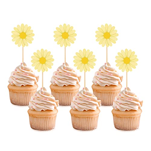 24 Pieces Daisy Cupcake Toppers, Daisy Flower Cake Picks Chrysanthemum Party Decorations For Spring Birthday Wedding Supplies(Yellow) #TOP13