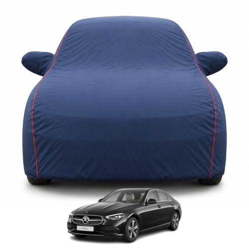 Image of Premium Car Cover for Mercedes C Class Model | Waterproof, UV & Dust Protection | Mirror & Antenna Pocket | Triple Stitched, Soft Inner Lining, Belt & Buckle (Navy Blue)
