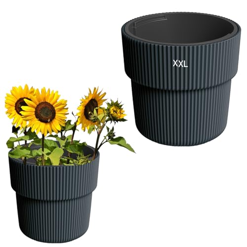 MELTOM Blumenkübel Blumentopf mit Herausnehmbaren Einsatz Rund Dekorativ Frostbeständiger vertikale Rillen (Anthrazit, XXL)