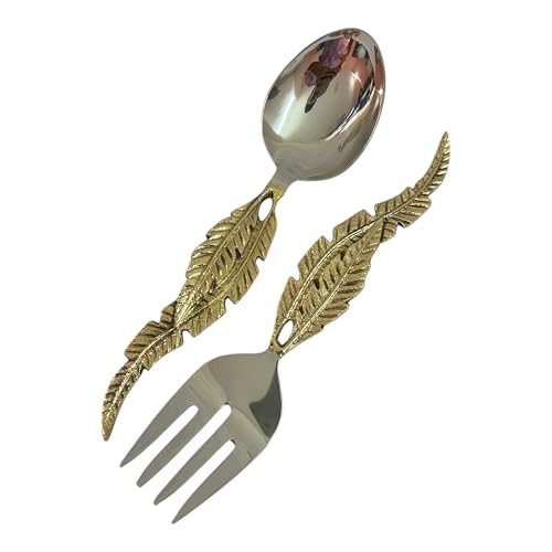 Morcomart Gold Salad Serving Spoon and Fork Set – Stainless Steel with Decorative Leaf Handle – Elegant 2-Piece Flatware Set for Salad, Pasta, Fruits (10