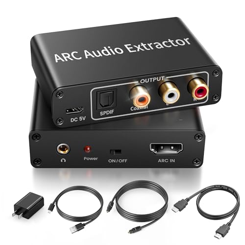 HDMI ARC Audio Extractor 4K@60Hz, 192KHz HDMI ARC Audio Adapter Converter Splitter to Optical TOSLINK SPDIF + RCA L/R+ Coaxial and Analog 3.5mm Stereo for Soundbar HDTV Speaker Amplifier Headphones