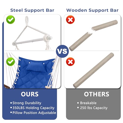 Image of Hammock Chair Hanging Swing with Wooden Armrest;Steel Spreader Bar,Pillows,Hardware kit Included;Cotton Woven;Up to 350 Lbs,for Indoor Outdoor Blue