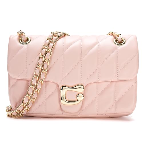 Pelimoo Quilted Crossbody Purse for Women Trendy - Ladies Shoulder Bag Leather Satchel Handbag Designer Evening Clutch with Chain Strap (Light Pink)
