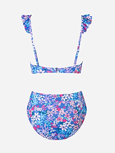 CUPSHE Women Bikini Sets 2 Piece Swimsuit High Waisted Bottom Floral Print Ruffle V Neck Bathing Suits Purple - Image 7