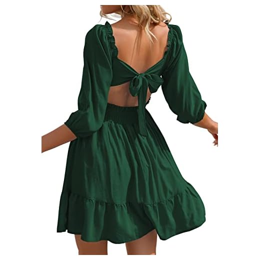 Phortric Womens Tie Back Summer Dress Square Neck Long Lantern Sleeve Off Shoulder A-Line Casual Mini Dresses