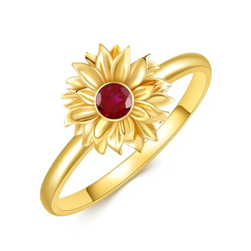 10K 14K 18K Solid Gold Personalized Sunflower Ring with Birthstone, Real Gold Flower Ring for Women Engagement Rings Wedding Band Ring Anniversary Rings for Her, Wife,Mom