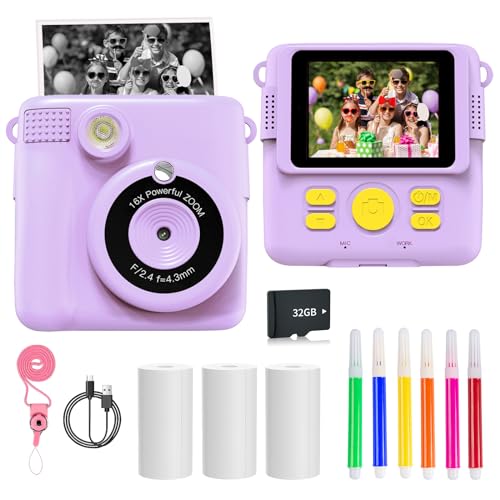 Purple Kids Instant Print Camera Toy, 1080P HD Digital Camera with Photo Paper, 6 Colour Pens, 32GB SD Card - Birthday Gifts for Girls & Boys Aged 3 to 12+