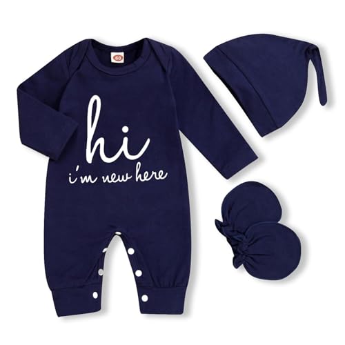 Image of GRNSHTS Newborn Baby Boy Romper Coming Home Outfits Letter Print Bodysuit Jumpsuit+Hat+Gloves 3PCS Clothes Set