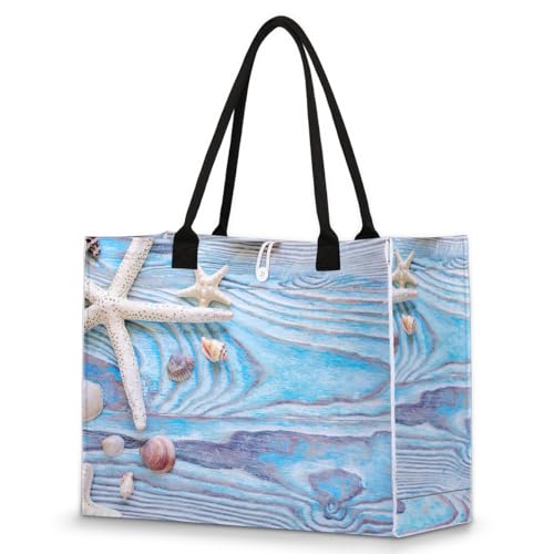 Summer Shells Star Wooden Tote Bag for Women Large Beach Bag Reusable Tote Bags for Work Travel Beach Shopping