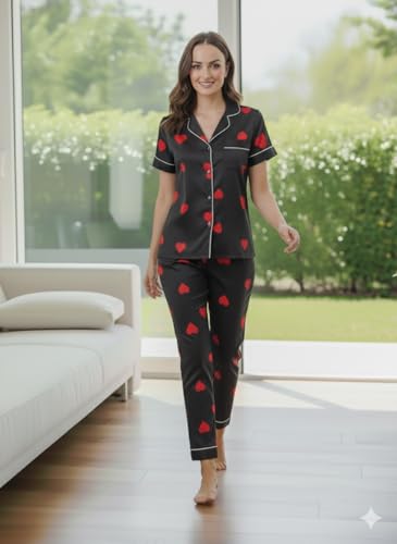 Image of Women's Lycra Heart Printed Night Suit Set of Shirt & Pajama Set Women Night Wear Set,Night Dress for Woman